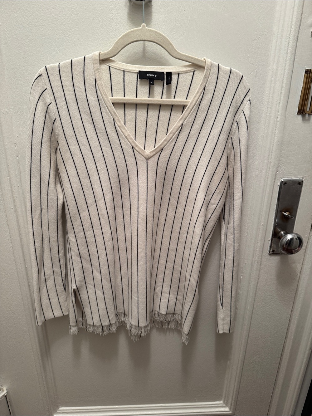 Theory Cream V-Neck Sweater with Navy Pinstripes
